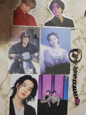 BTS SUGA Beaded Keychain Charm with Purple Accent And BTS Photos.